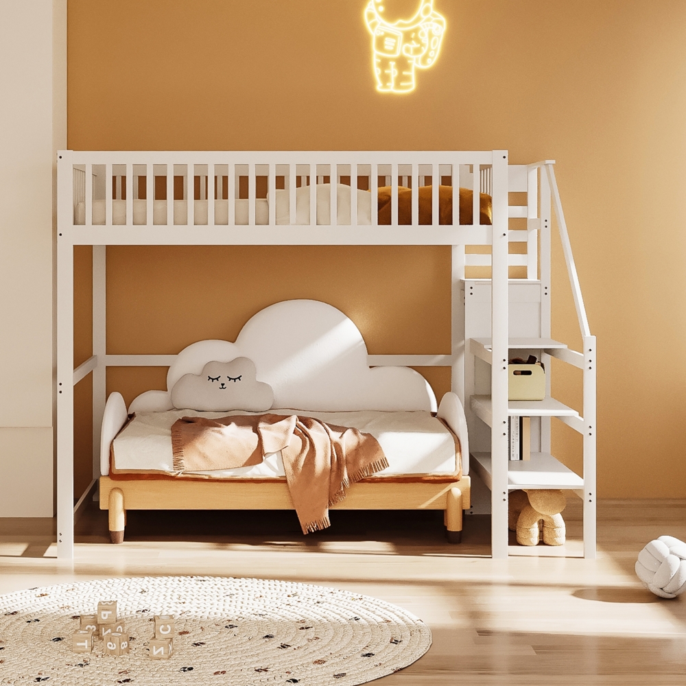 Hochbett Weiß 150kg Tragkraft Massivkiefer Sicherheitsleiter Mit Kleiderschrank 15 Lamellen Lattenrost Platzsparend Kinderzimmer Jugendzimmer Arbeitsbereich, 140x200cm Bild 1