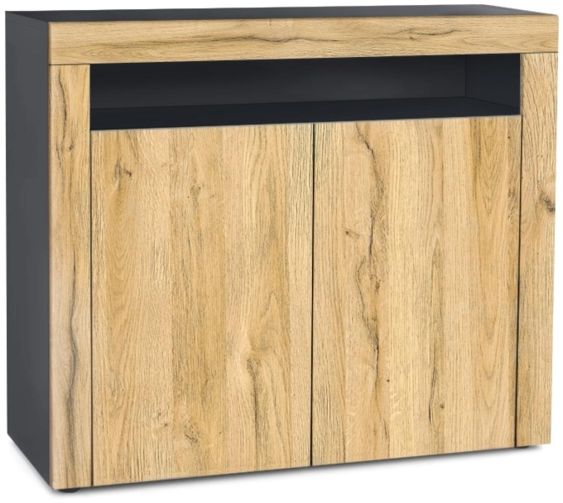 Vladon Kommode Valencia, Sideboard mit 2 Türen und 1 offenem Fach, Schwarz matt/Eiche Natur/Eiche Natur (108 x 92 x 40 cm) Bild 1