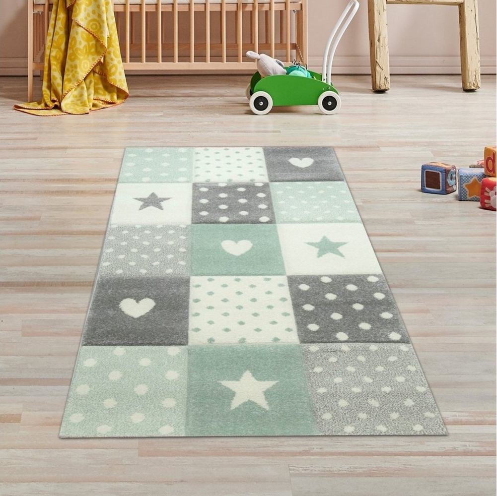 TeppichHome24 Kinderteppich Kinderteppich Herz Stern Punkte Design grün grau creme, rechteckig, Höhe: 1.3 mm Bild 1