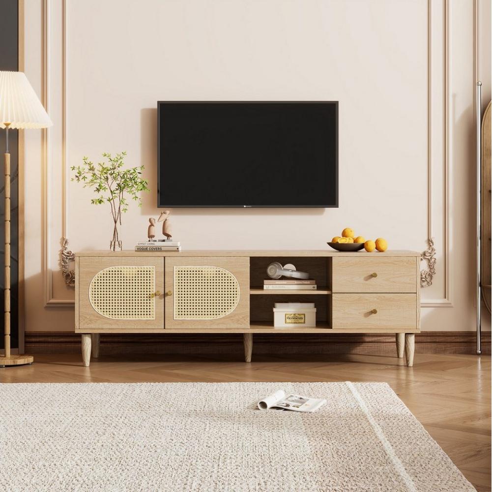 MODFU Lowboard TV-Board Fernsehtisch (Rattan-TV-Schrank, 1 St, 2 Rattantüren, 2 Schubladen), mit Höhenverstellbarem Regal und Kabelmanagement,150x40x50cm Bild 1