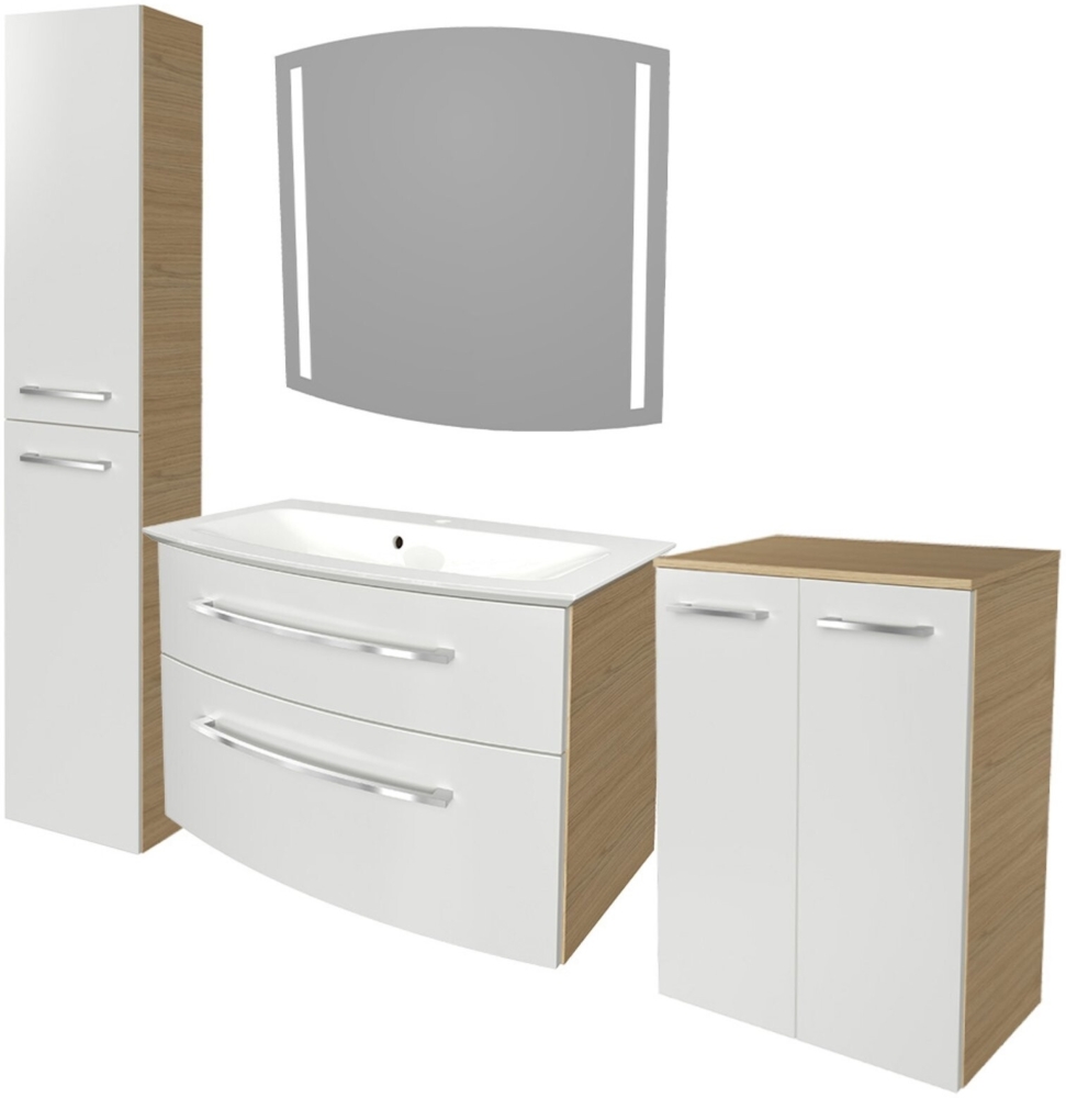 Fackelmann B.STYLE Badmöbel Set 5-teilig,83 cm,Weiß/Braun + Spiegel + Midi + Hochschrank links Bild 1