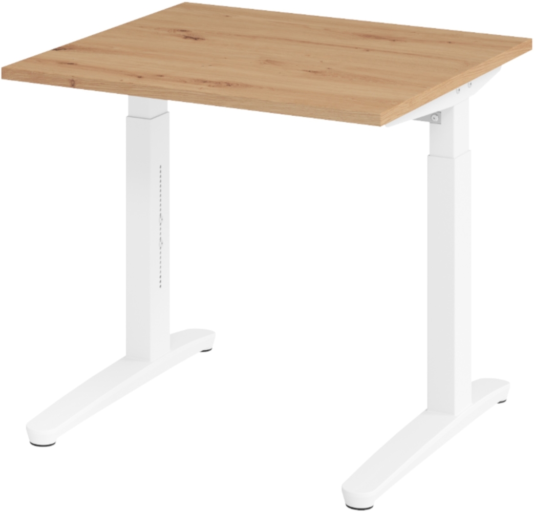 bümö manuell höhenverstellbarer Schreibtisch 80x80 in Asteiche, Gestell in weiß - PC Tisch höhenverstellbar & klein, höhenverstellbarer Tisch Büro, kleiner Computertisch verstellbar, X08-R-WW Bild 1