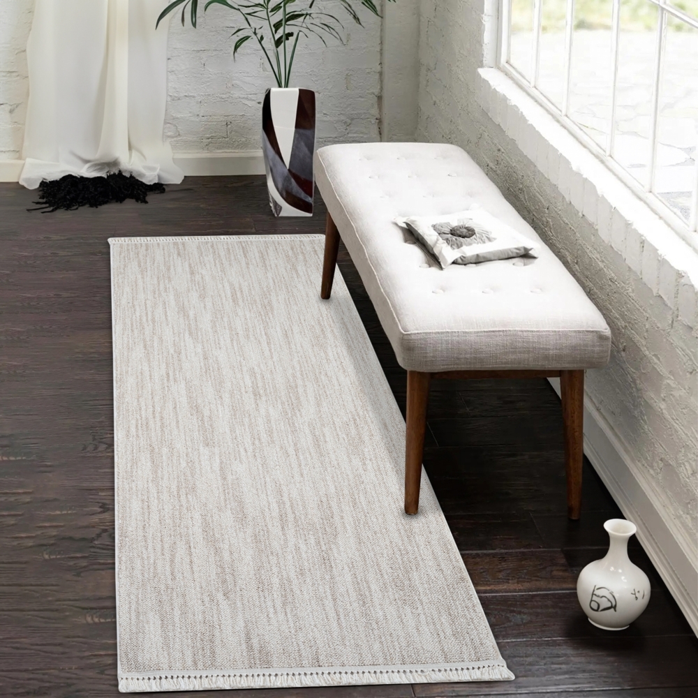 Teppich Läufer Flur - 80x300 cm Taupe - Fransen Loop Optik Boho Meliert Modern Pastell Wohnteppich Schlafzimmer Teppiche Bild 1