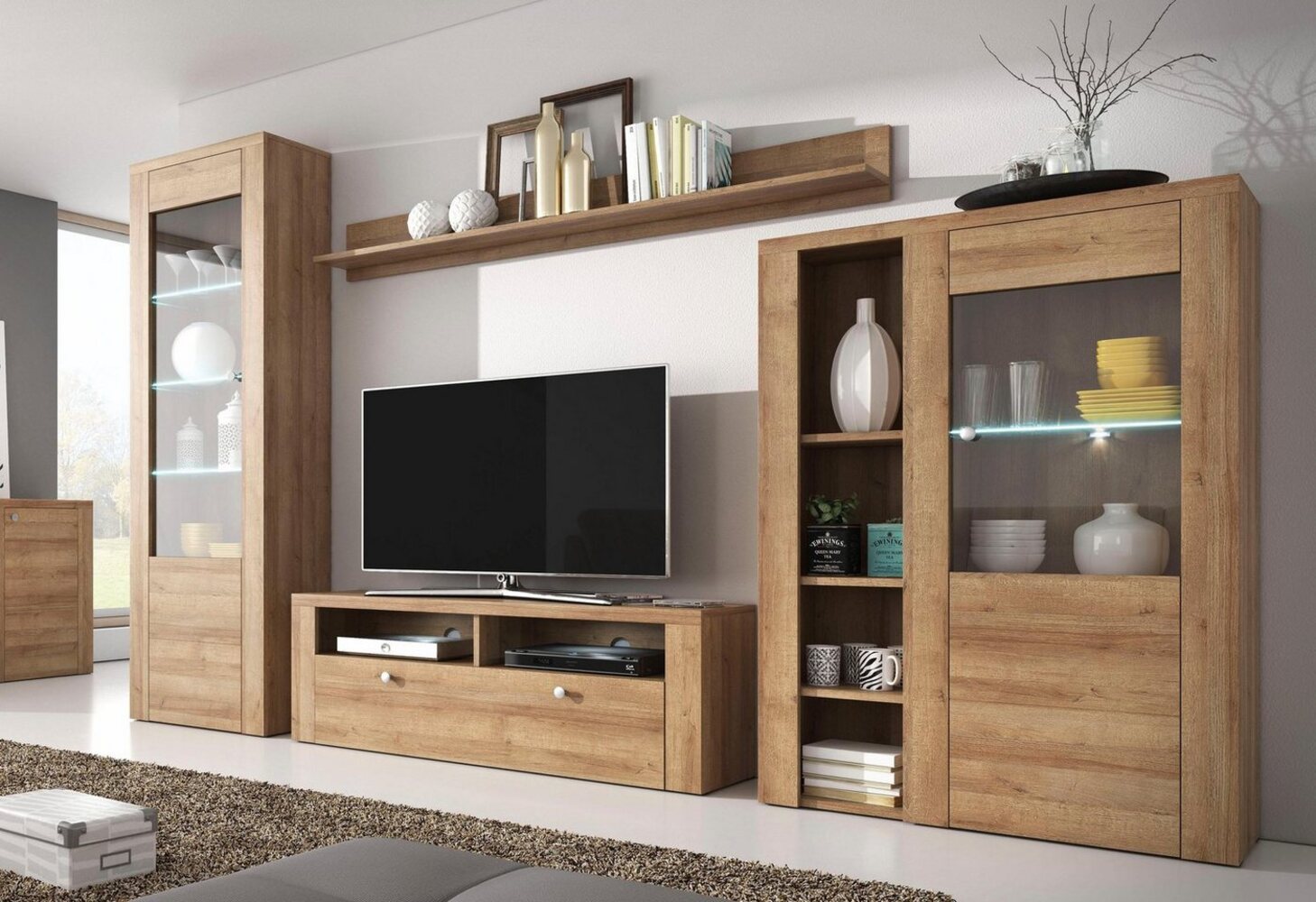 Home affaire Wohnwand Larona, Anbauwand, Set 4 Teilig, (Set, 4-St), bestehend aus 1 TV-Board, 1 Highboard, 1 Vitrine, 1 Wandregal Bild 1