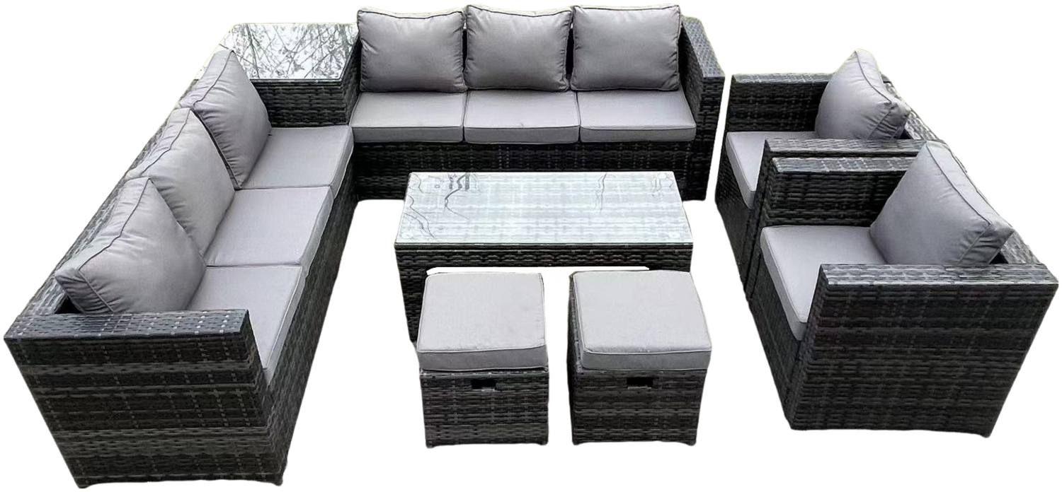 Fimous 10-Sitzer Rattan Ecksofa Set mit quadratischem Beistelltisch und länglichem rechteckigem Couch Tee Tisch 2-teiliger Armstuhl 2-Hocker Dunkelgrau gemischt Bild 1