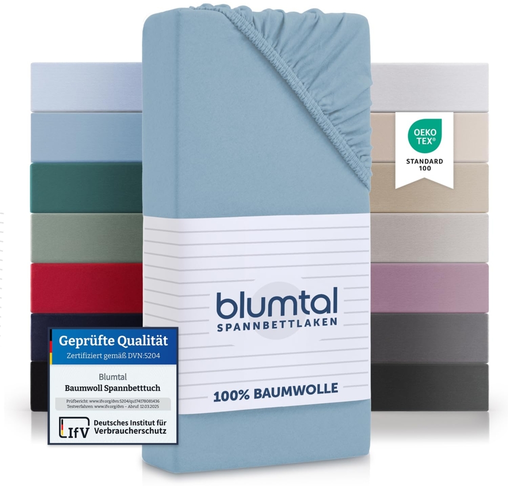 Blumtal® Baumwolle Spannbettlaken für Topper 120x200 cm Basics Jersey im 2er Set - Bettlaken 120x200 cm - Oeko-TEX zertifiziertes Spannbetttuch 120x200 - Topper Spannbettlaken 120x200 - Dusk Blue Bild 1