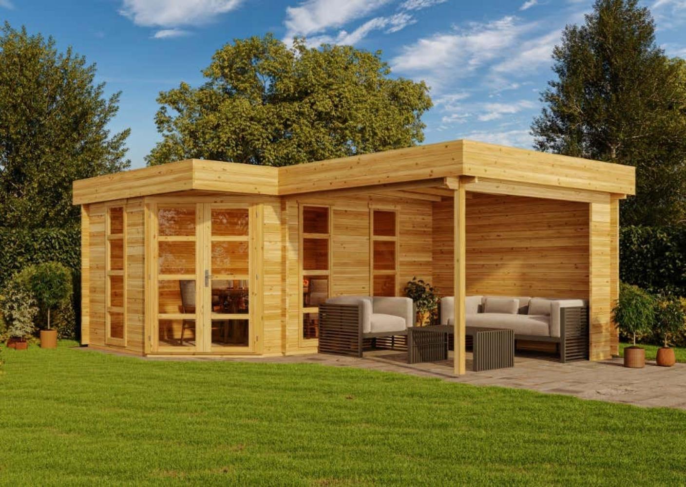 Alpholz 5-Eck Gartenhaus Lindau-40 mit Anbau Gartenhaus aus Holz in Braun Holzhaus mit 40 mm Wandstärke inklusive Terrasse Blockbohlenhaus mit Montagematerial Bild 1