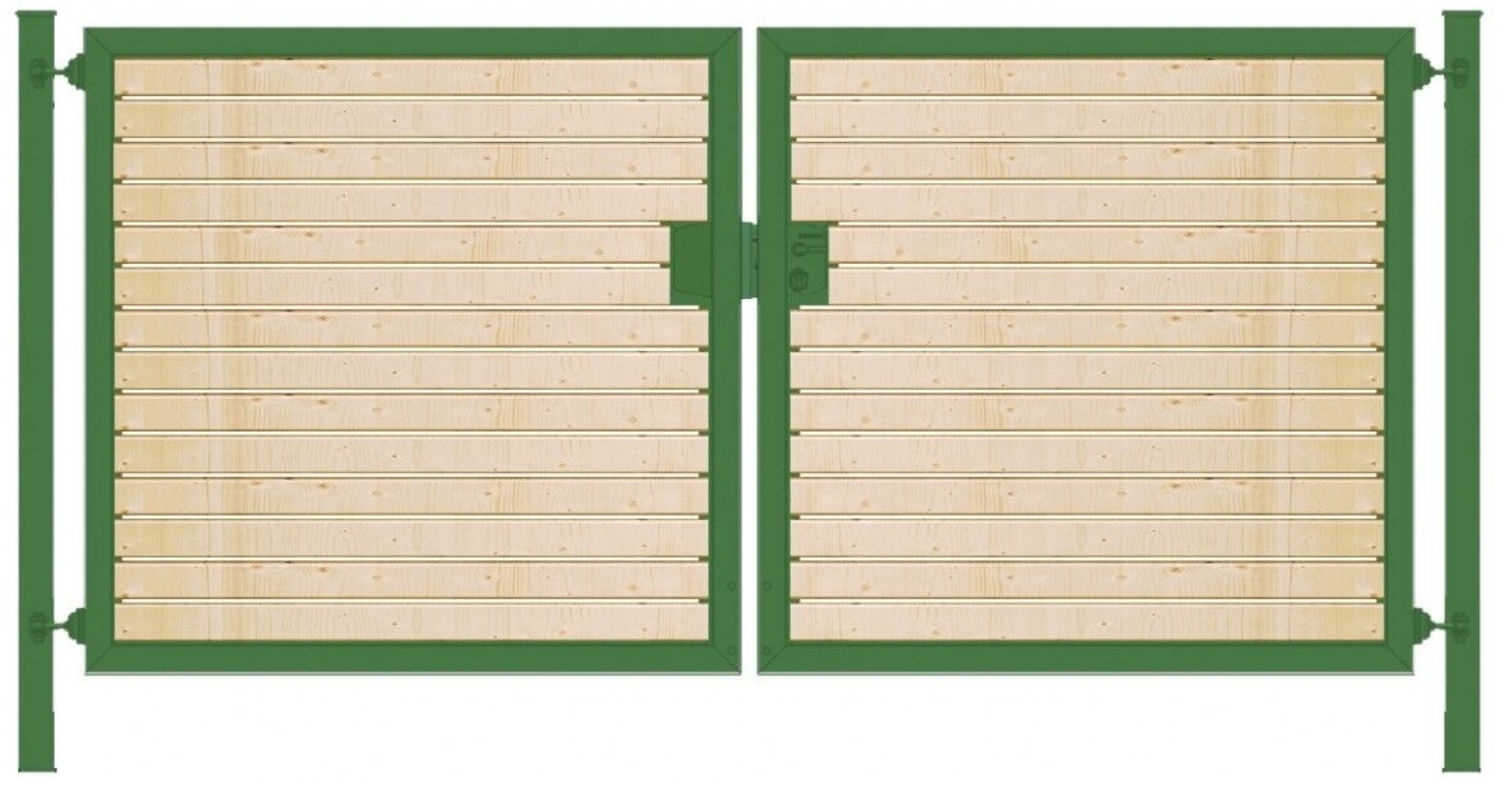 Elektrisches Einfahrtstor Premium-Line (2-flügelig) mit Holzfüllung waagerecht symmetrisch grün B: 500 cm H: 200 cm Bild 1