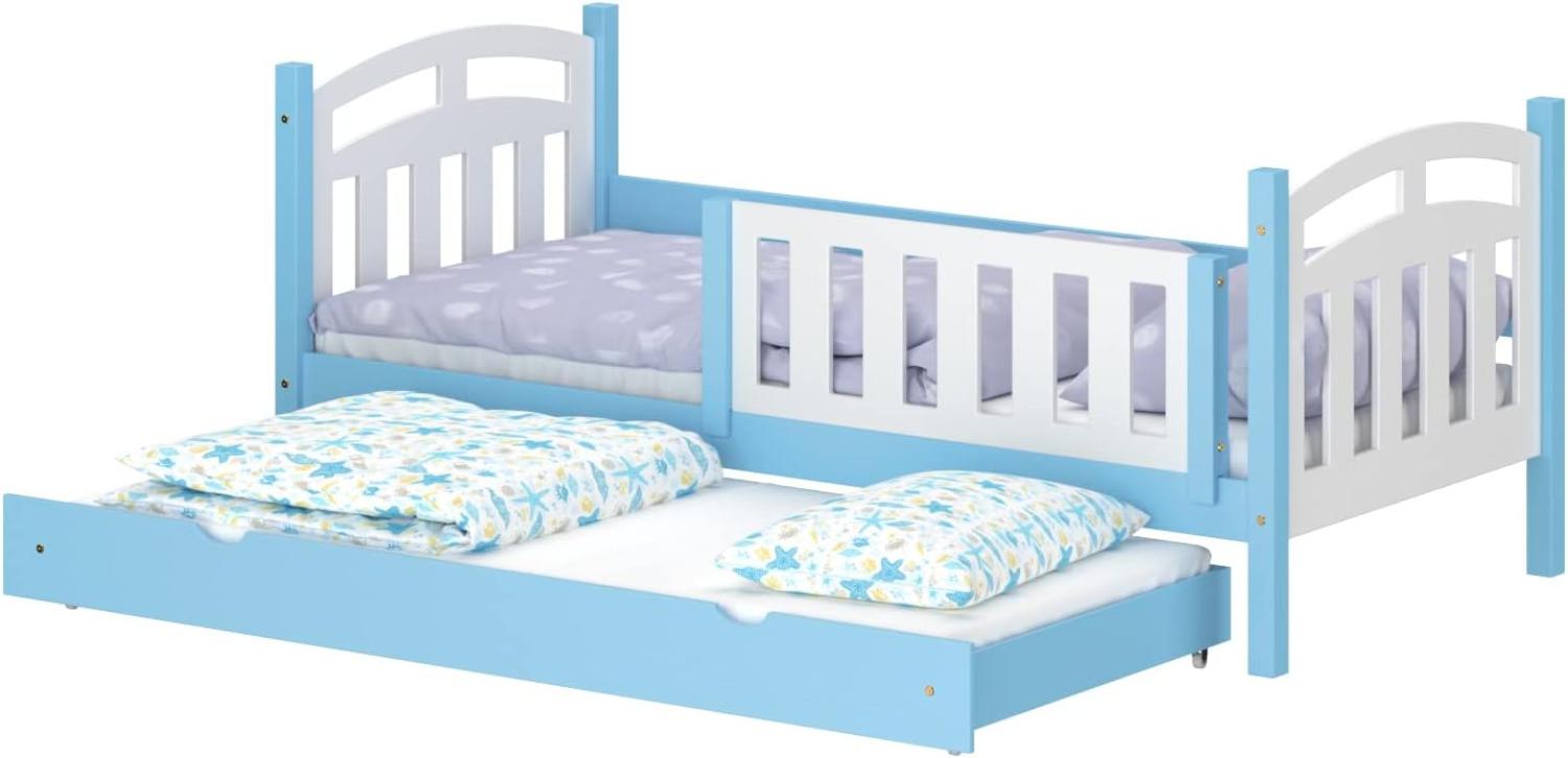 WNM Group Kinderbett Ausziehbar Suzie - aus Massivholz - Ausziehbett fr Mdchen und Jungen - Hohe Qualitt Bett mit Rausfallschutz fr Kinder 200x90 / 190x90 cm - Blau Bild 1