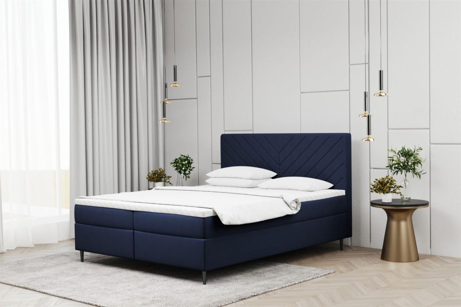 Boxspringbett Schlafzimmerbett BONITA 140x200cm in Stoff Matt Velvet Dunkelblau Bild 1