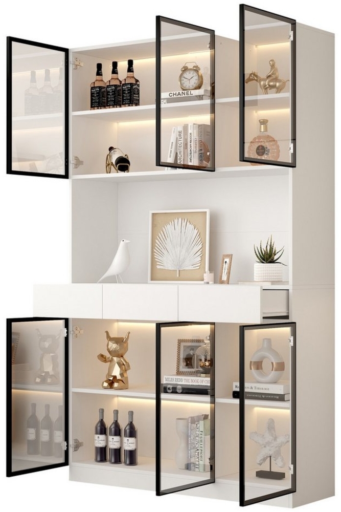 BlingBin Standvitrine Weißer Vitrinenschrank mit LED Lichtern, Glasvitrine, Glasschrank Tür (1er Set, 1-St, 120*36*200cm, Belastung des Produkts: 90KG) Storage Bücherregal für Wohnzimmer Büro, Weiß - Schwarzer Türrahmen Bild 1