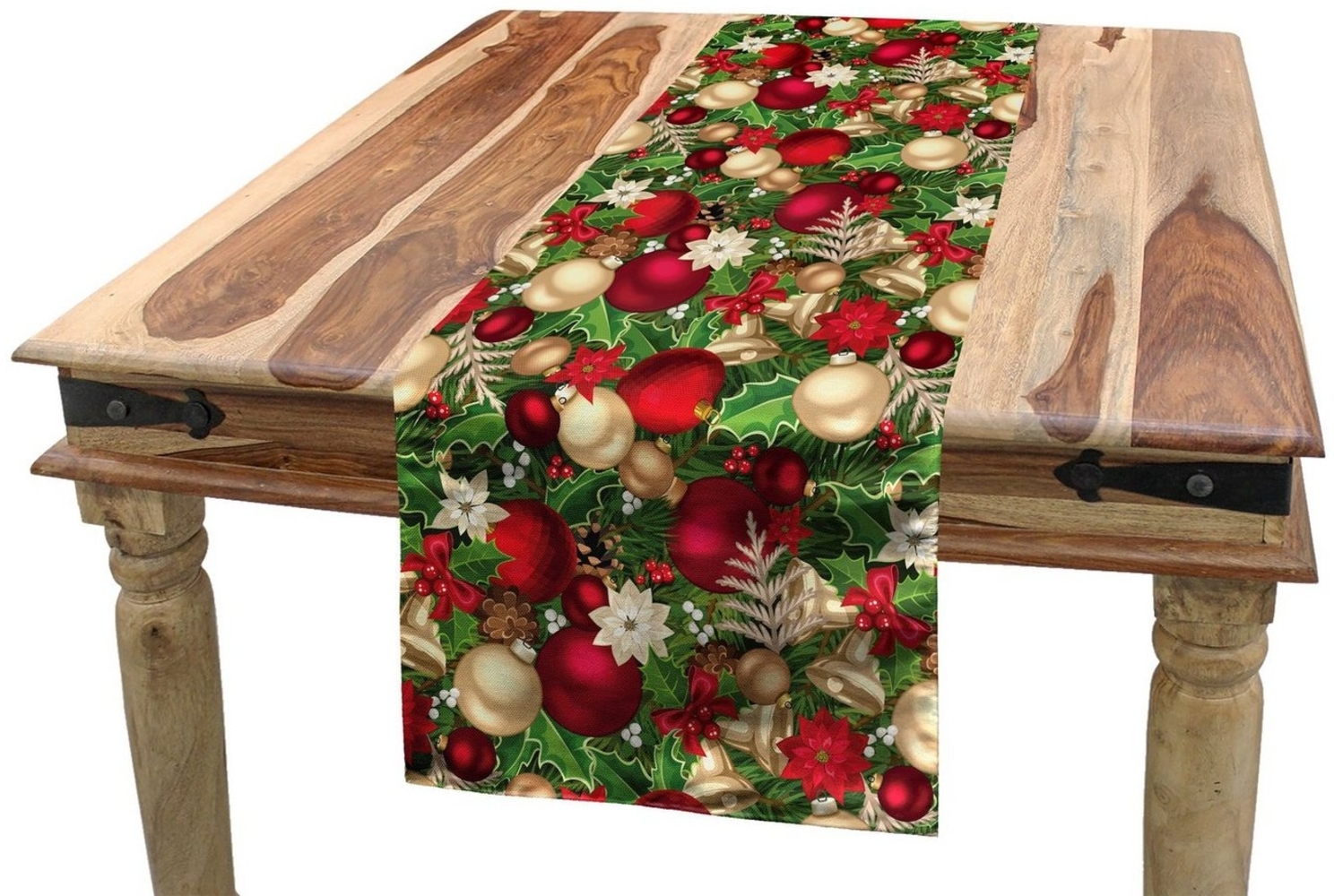 Abakuhaus Tischläufer Esszimmer Küche Rechteckiger Dekorativer Tischläufer, Weihnachten Baum-Zweig Glocken Bild 1