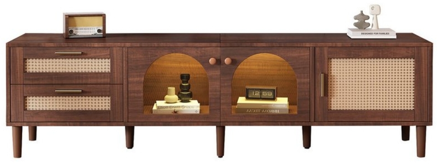 BlingBin TV-Schrank Holz-TV-Schrank, TV-Ständer, TV-Board, Fernsehtisch (1er Set, 1-St, mit 2 Rattan-Schubladen, 2 gewölbten Glastüren und 1 Rattan-Tür) für 80-Zoll-Fernseher, LED-Beleuchtung, bietet stilvolle Aufbewahrung Bild 1