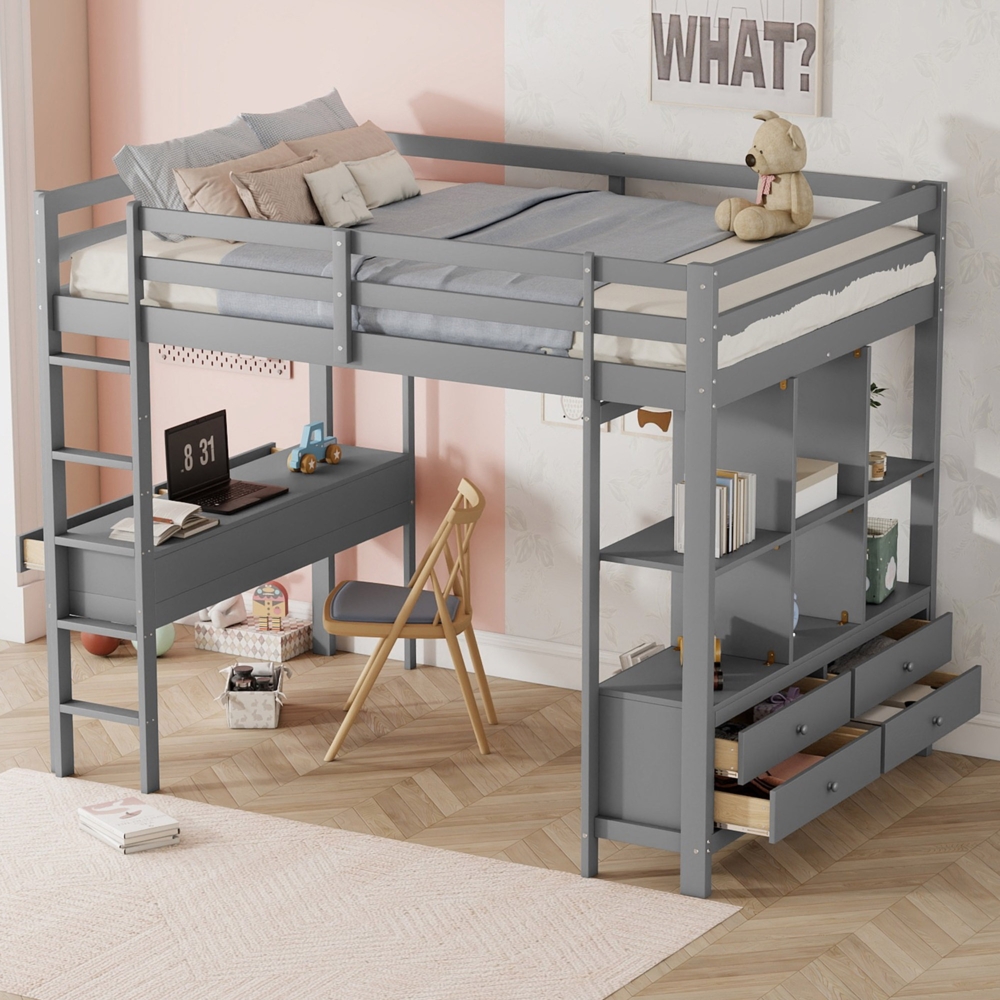Merax Hochbett Kiefer Kinderbett mit Schreibtisch & Stauraumregal 140x200cm, grau Bild 1