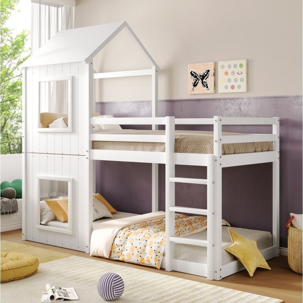 Ulife Etagenbett weiß, Kinderbett 90*200cm, Massivholz Hochbett Hausbett, mit Leiter & Baldachin, für Mädchen und Jungen Bild 1