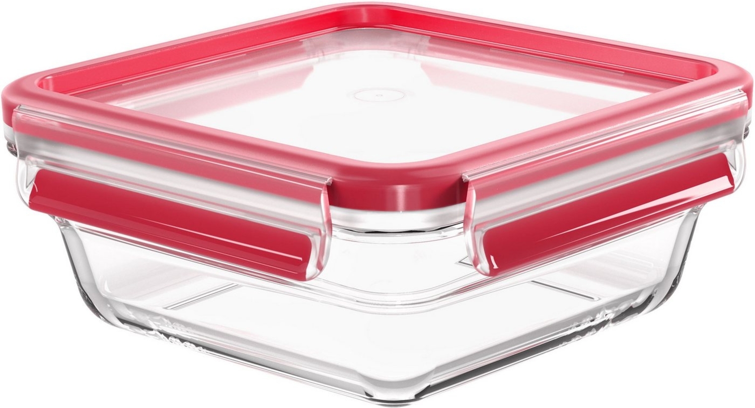 Emsa N10414 Clip & Close Glas Frischhaltedose quadratisch | 0,8 L | stapelbar | gefrierfest | backofenfest | mikrowellenfest | rutschfestes Stapeln | 100% dicht | spülmaschinenfest | Transparent/Rot Bild 1