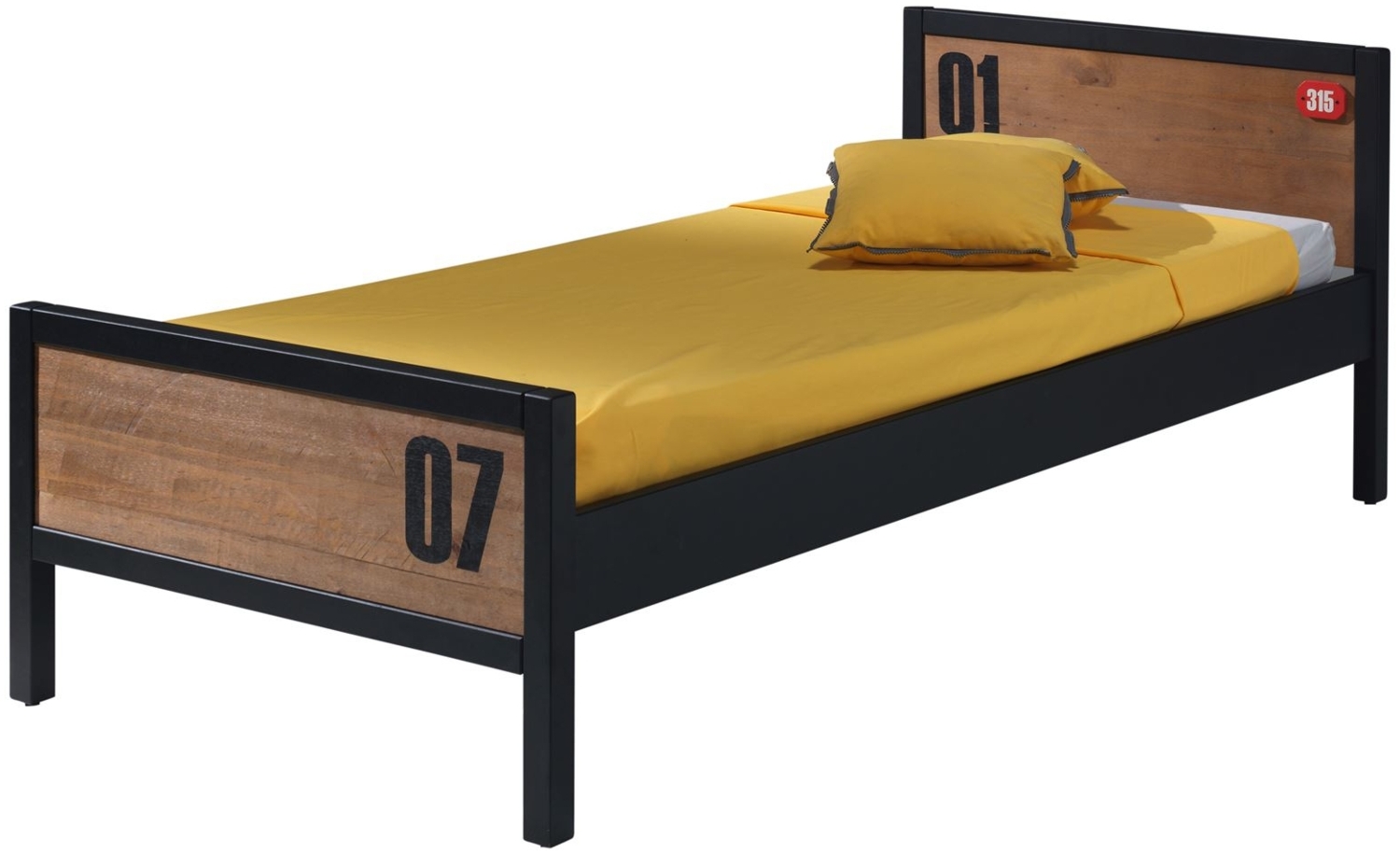 Einzelbett Kameko 209x97x75 MDF+Massivholz Schwarz/Cognac Bild 1