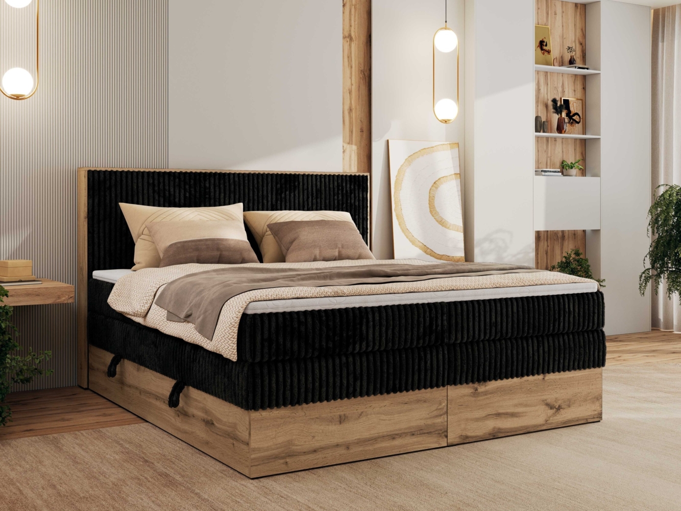 Boxspringbett, Set mit zwei Multipocket-Matratze und Topper, hohe Kopfteil, Eiche Wotan Holzrahmen - WOOD CLASSIC KING - 140 x 200 cm - Schwarz Cord - H3 Bild 1