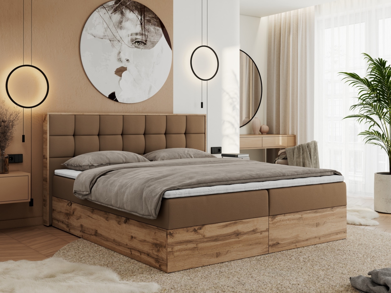 Boxspringbett mit Kopfteil und Topper, Polsterbett - ALBERO 1 - 140 x 200 cm - Braun Kunstleder - H3 Bild 1