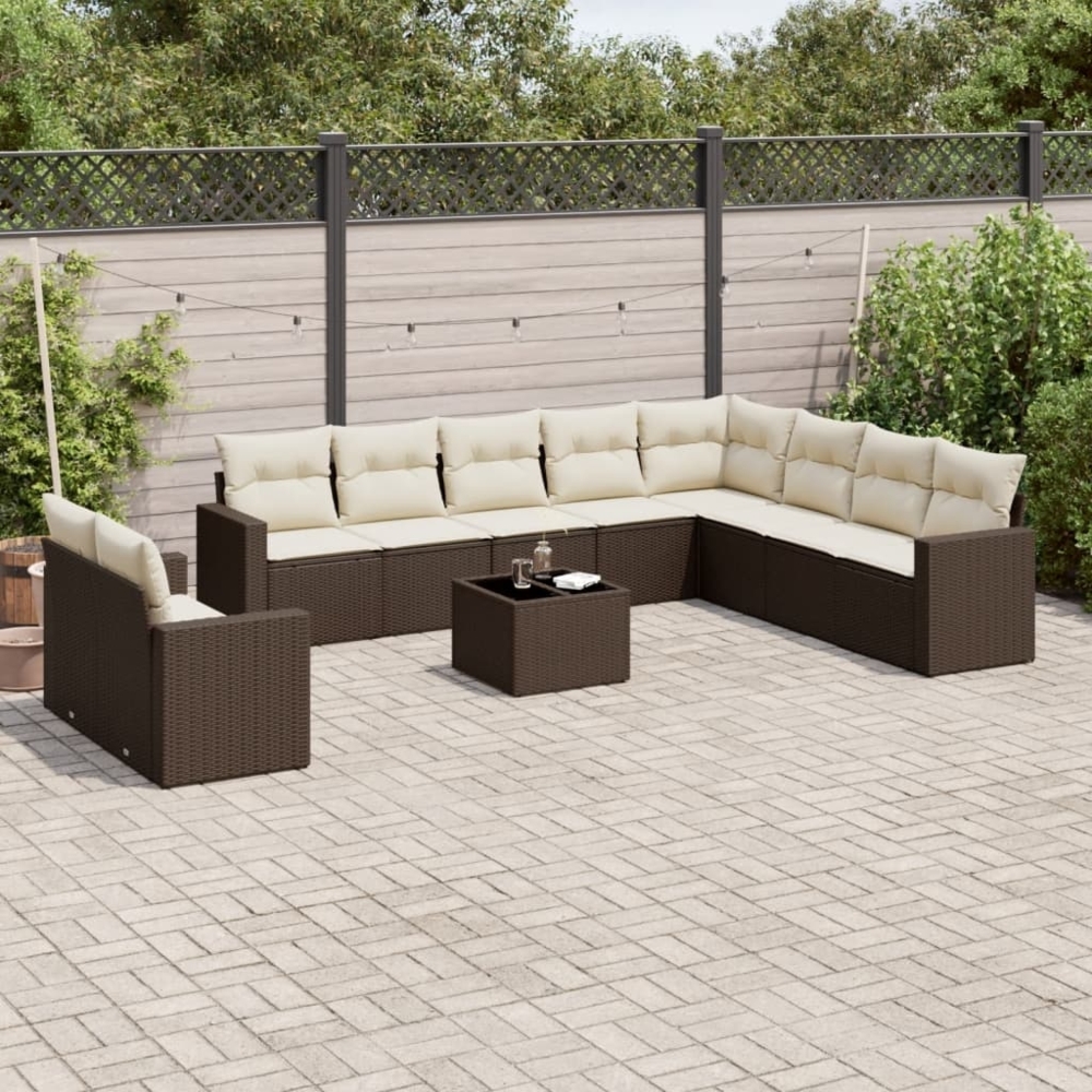 vidaXL 11-tlg. Garten-Sofagarnitur mit Kissen Braun Poly Rattan 3217873 Bild 1