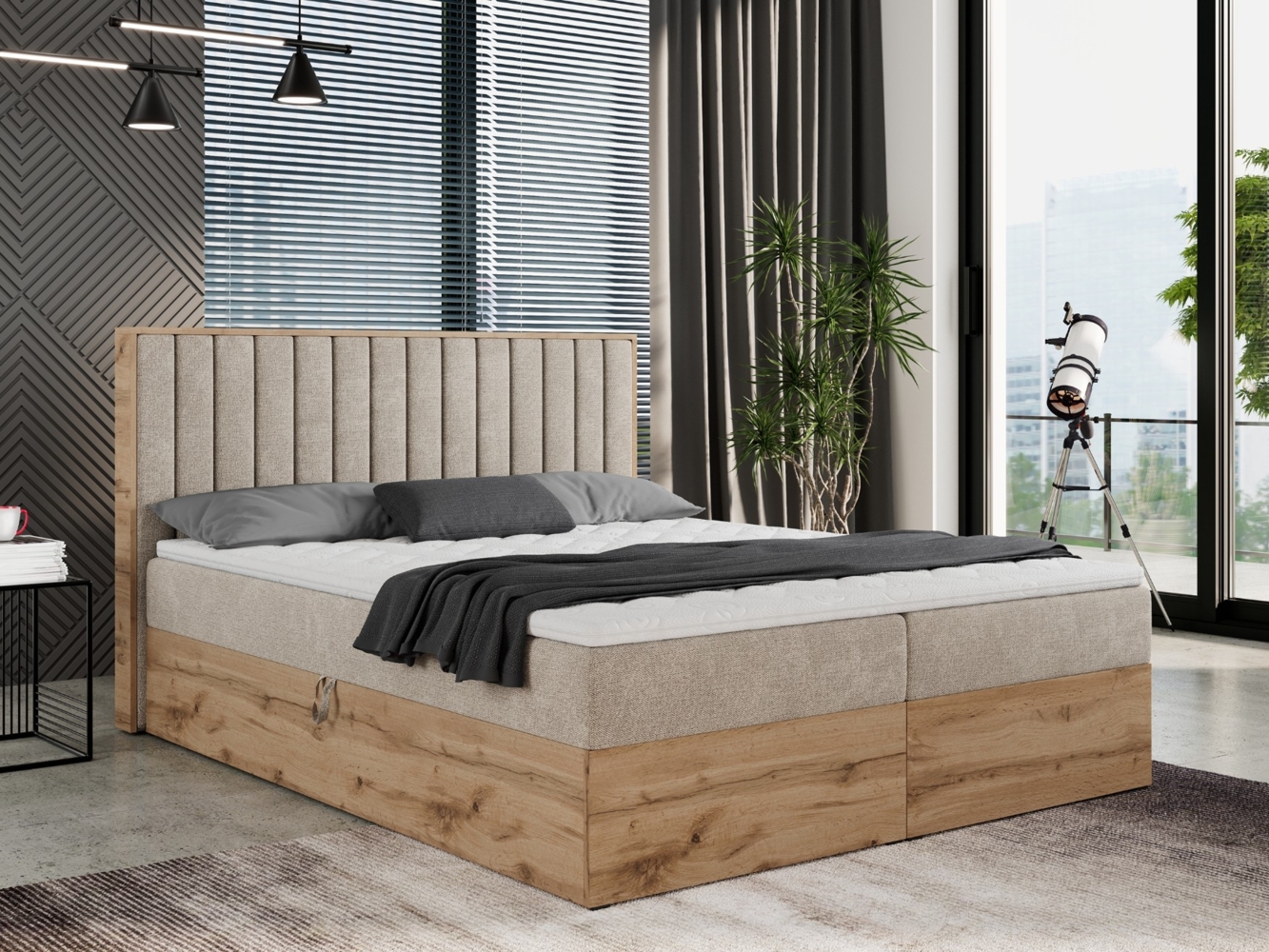 Boxspringbett mit dekorativem Kopfteil und zwei Bettkästen, Eiche Holzrahmen - ALBERO 4 - 140x200 cm - Beige Stoff - H3 Bild 1