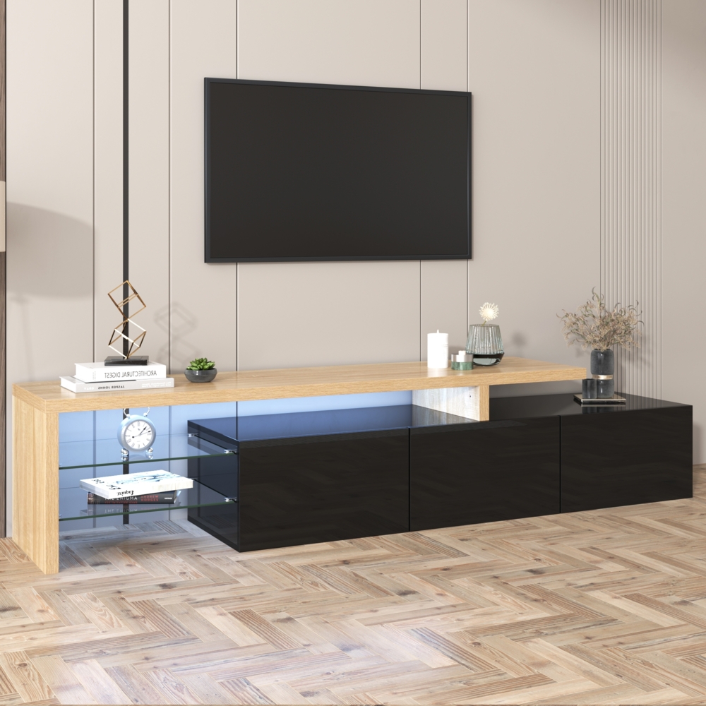 TV-Lowboard 197.5 cm mit LED-Beleuchtung, Glasböden & 3 Schränken, modernes Schwarz-Holz Design für Wohnzimmer Bild 1