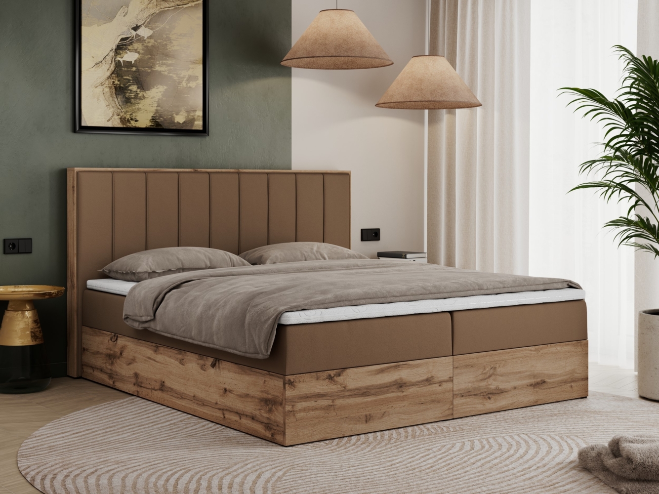 Boxspringbett, Schlafzimmerbett, Bettkasten - BELLISSIMO - 140 x 200 cm - Braun Kunstleder - H3 Bild 1