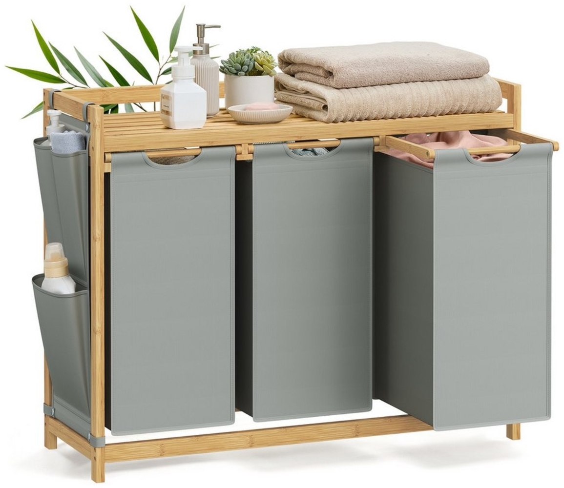 SONGMICS Wäschekorb, 3 Fächer, Bambus, 150 L, mit Ablage, kleine seitliche Taschen, 3 x 50 L, taubengrau, 94 x 33 x 78 cm Bild 1