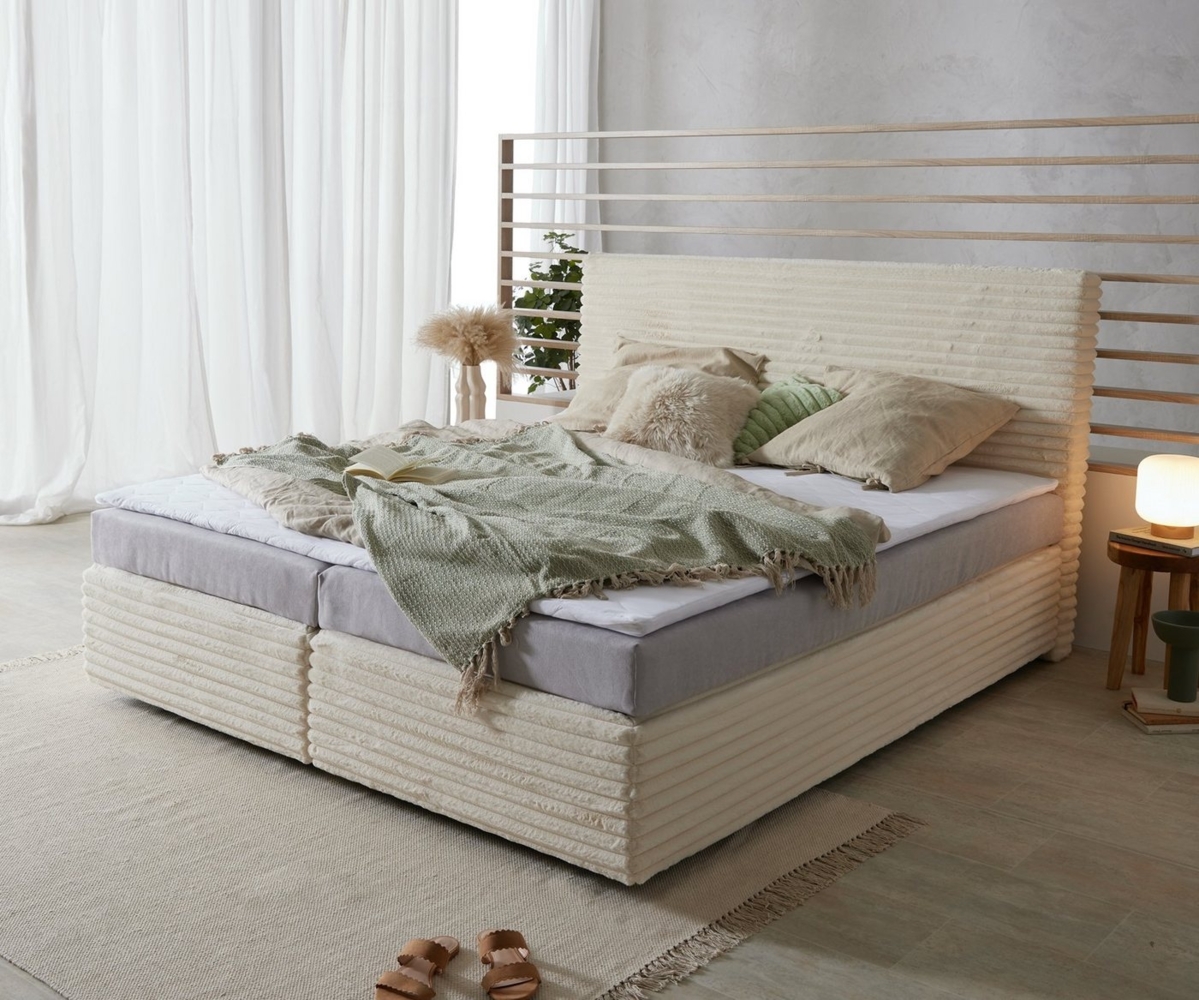 DELIFE Boxspringbett Dream-Well, Plüsch-Cord Beige 180x200 cm Bonell-Matratze PU-Topper Bild 1