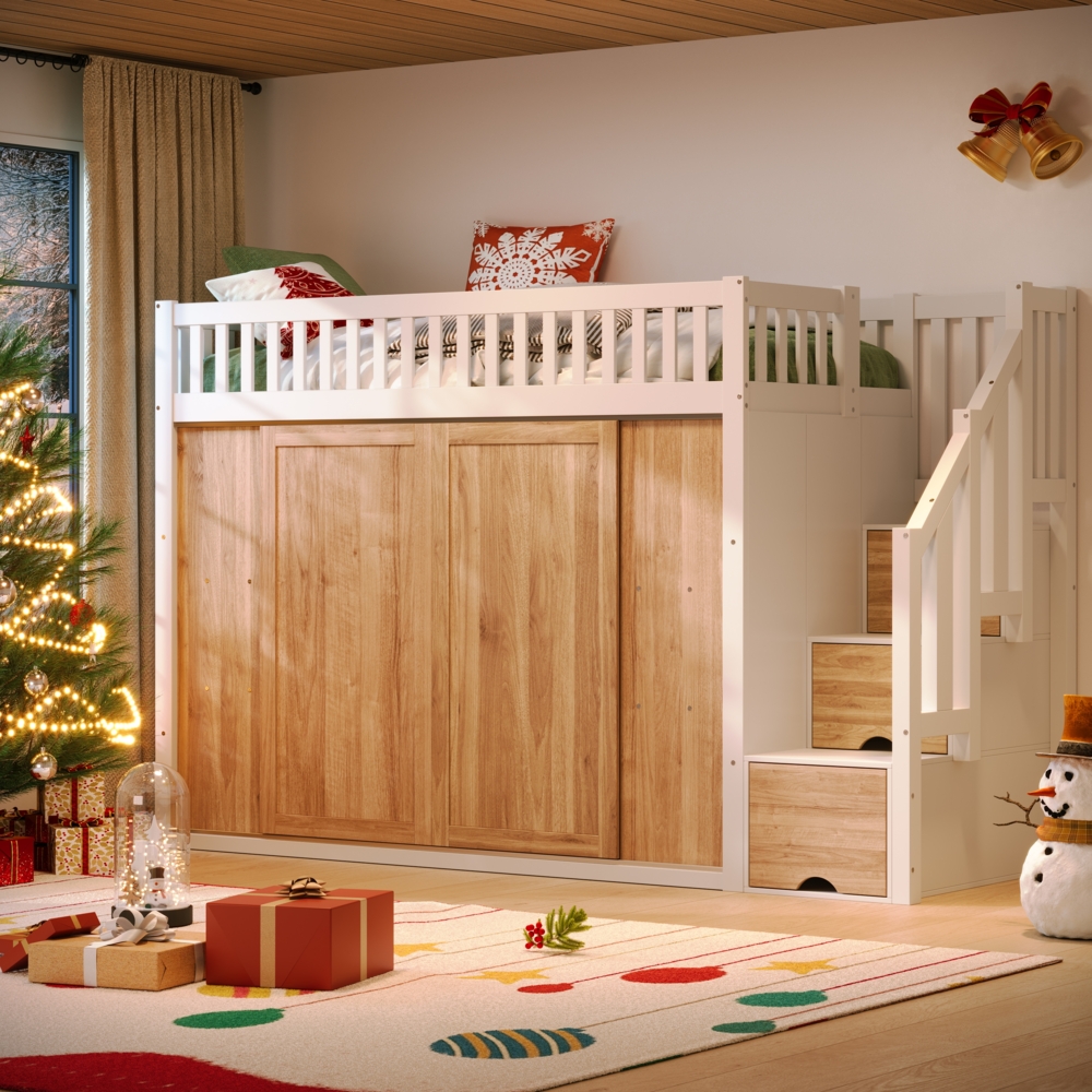 Hochbett Kinderbett 90×200 cm,Massivholz & MDF, Kleiderschrank mit App-gesteuerter LED-Leiste, Treppe mit Stauraum,Weiß & Eiche Bild 1