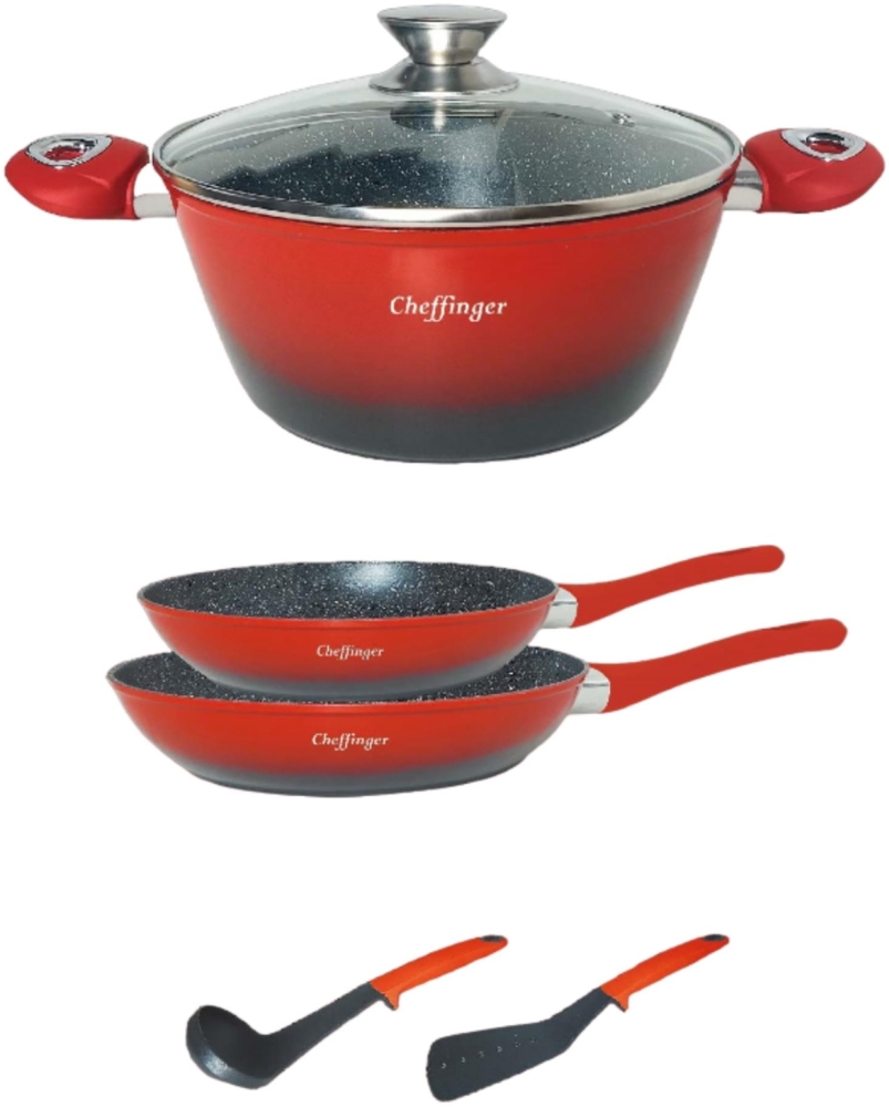 6 tlg Kochgeschirr Kochtopf Set Topf Pfanne Küchenhelfer Deckel Induktion Rot Bild 1