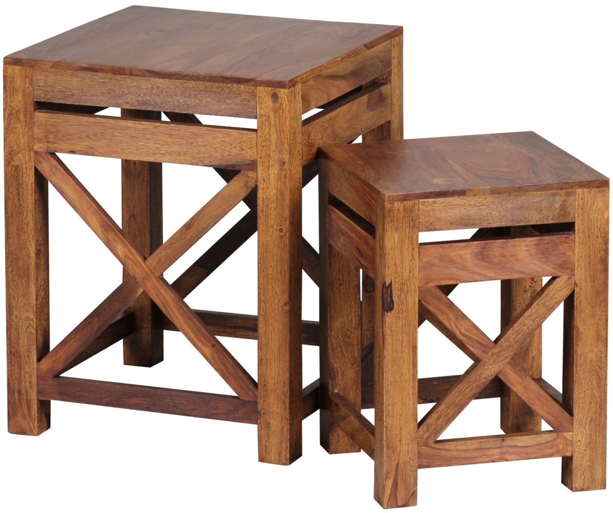 2er Set Beistelltisch PALI Massiv-Holz Sheesham Wohnzimmer-Tisch Design dunkel-braun Landhaus-Stil Couchtisch Bild 1