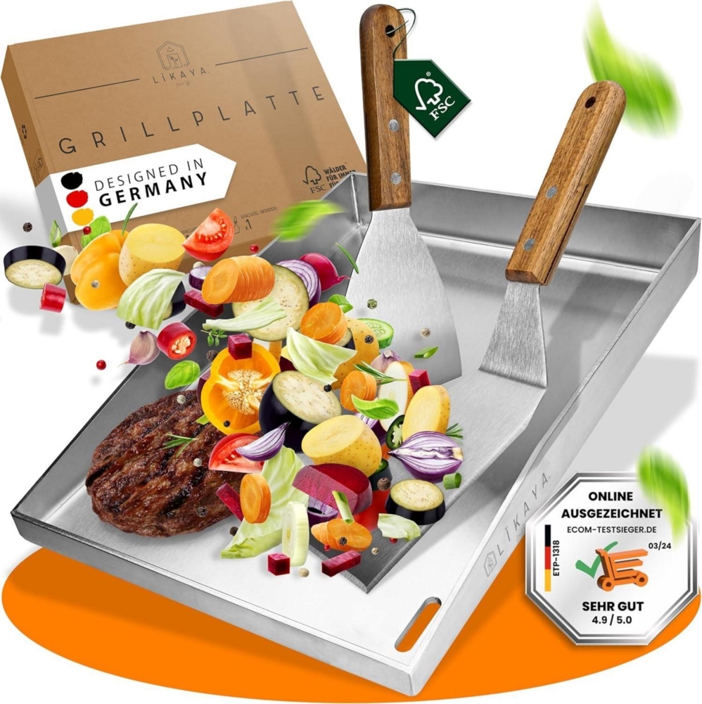 LIKAYA® Grillplatte/Plancha 30 x 40 x 4 cm V2A Edelstahl inkl. Grillspachteln Bild 1