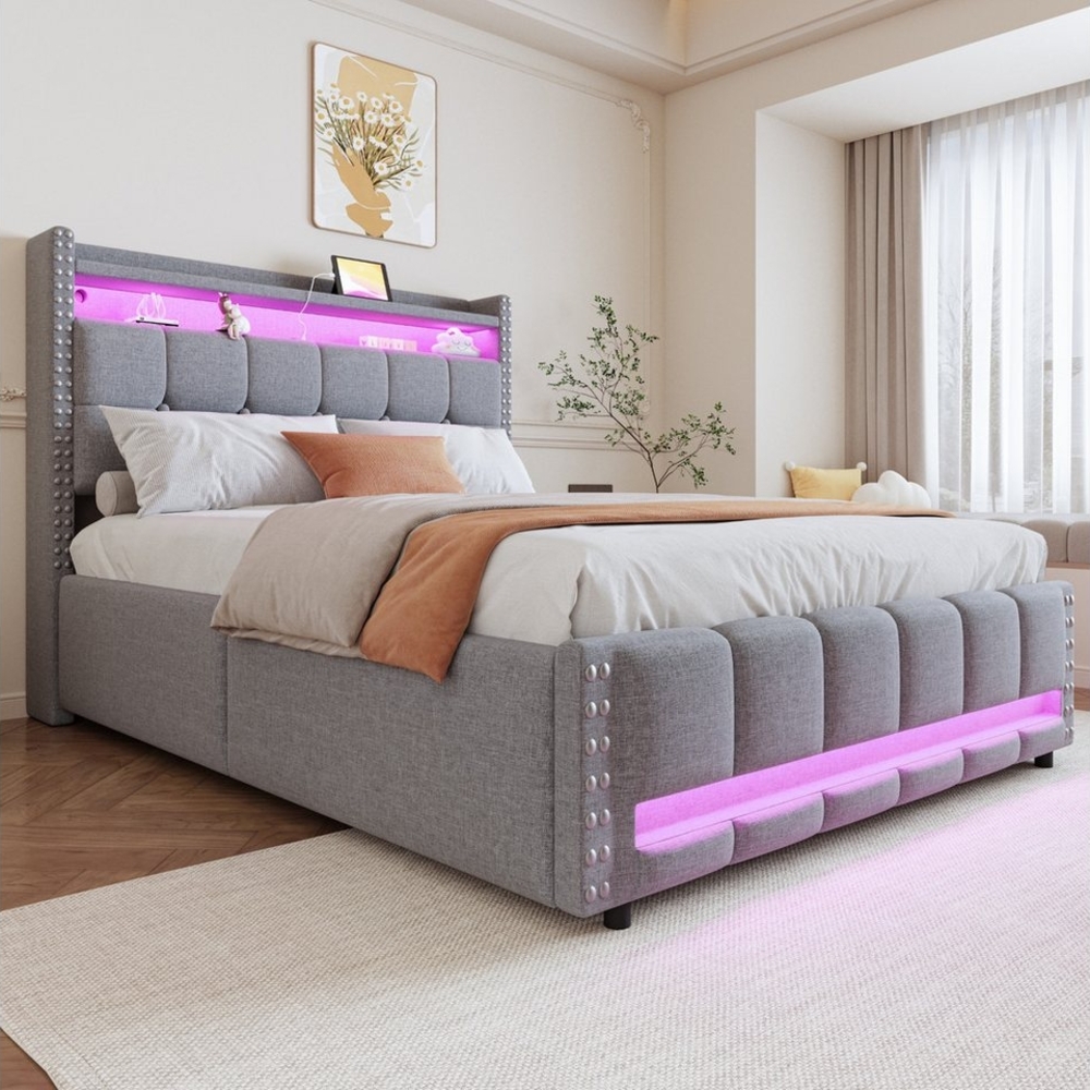 HAUSS SPOLE Polsterbett 140x200cm mit LED-Beleuchtung und USB-Steckdose, Leinenstoff Hellgrau (Stauraumbett,mit LED-Beleuchtung, USB-Anschluss & Hydraulik-Stauraum, 140 x 200 cm), ohne Matratze Bild 1
