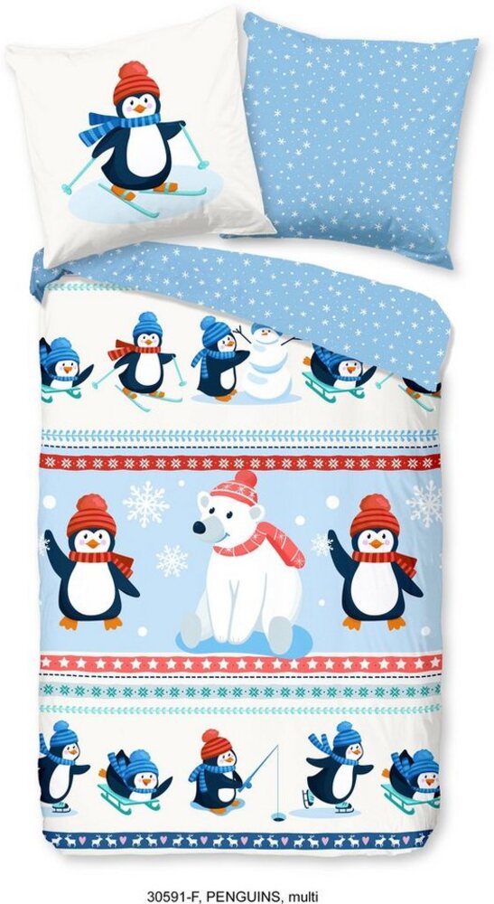 good morning Kinderbettwäsche Penguins, Biber, Flanell, 2 teilig, Biber, 135x200, Warm, Weich, Wendeoptik, Reißverschluss, Winter, Kind Bild 1