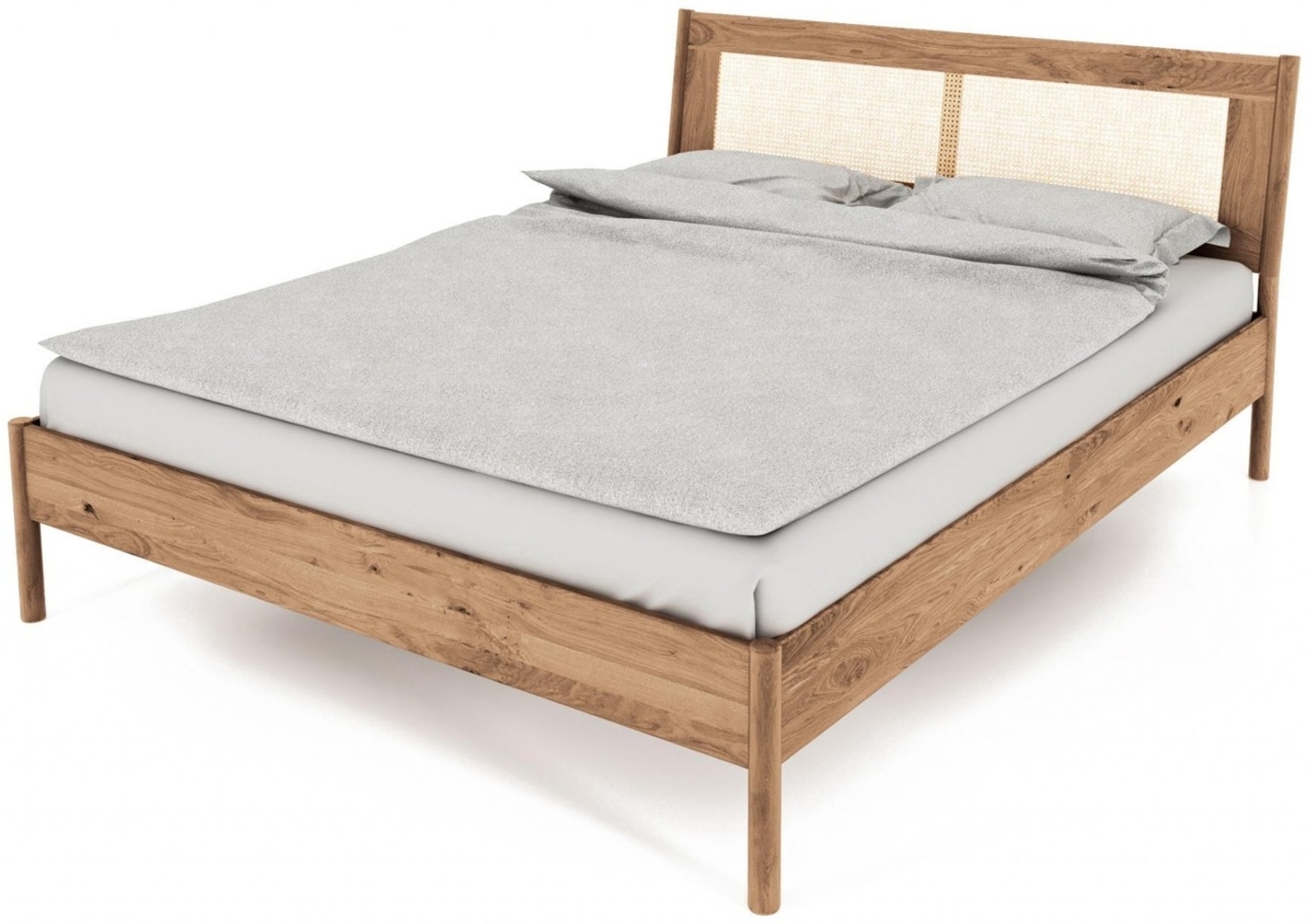 Bett Zola Wildeiche massiv bianco 200x200 mit Rattankopfteil und Holzbeinen Bild 1