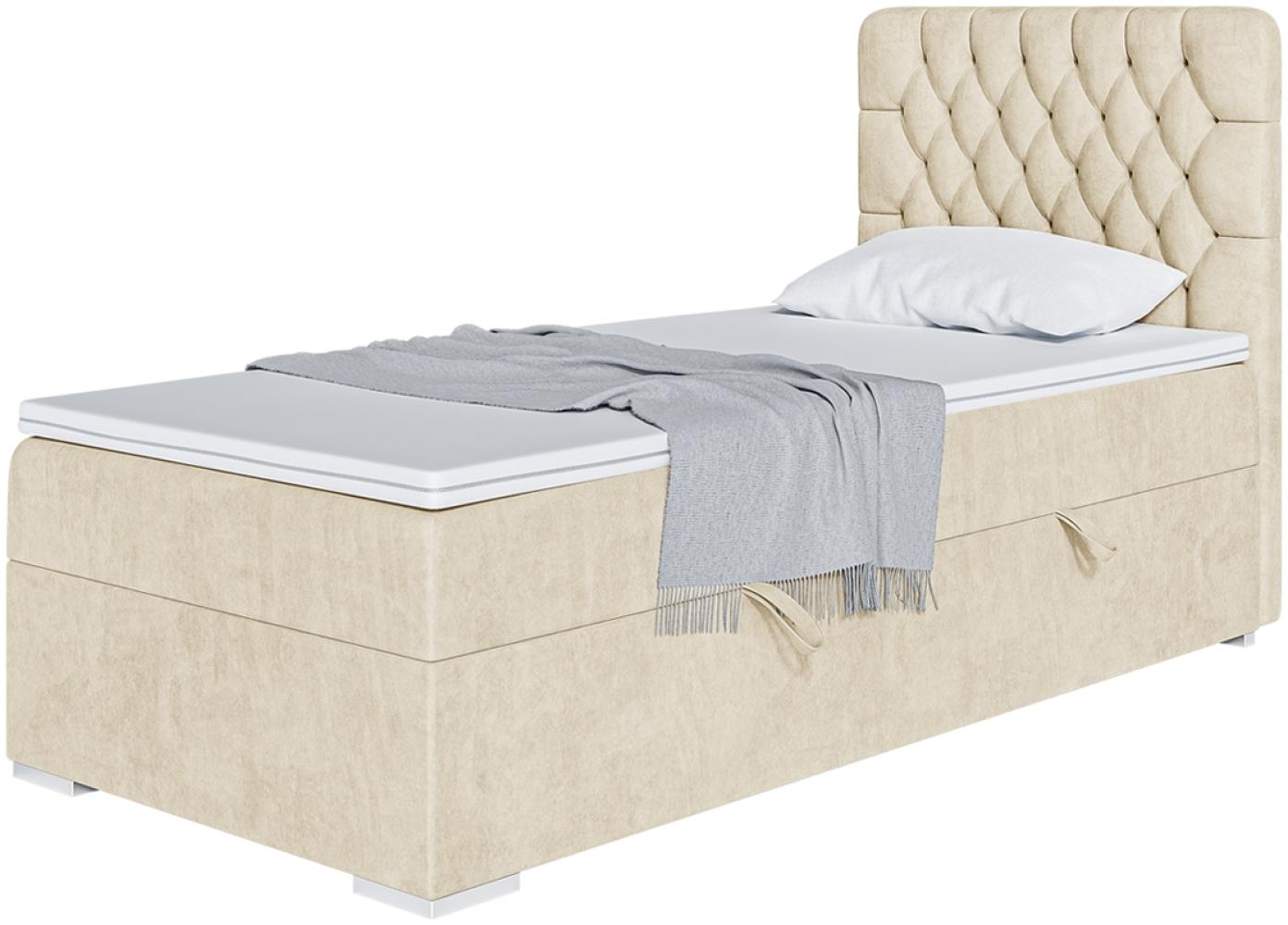 MEBLINI Boxspringbett DALIA 90x200 cm mit Bettkasten - H3/Beige Samt Gepolstert Einzelbett mit Topper & Taschenfederkern-Matratze - 90x200 Links Bild 1