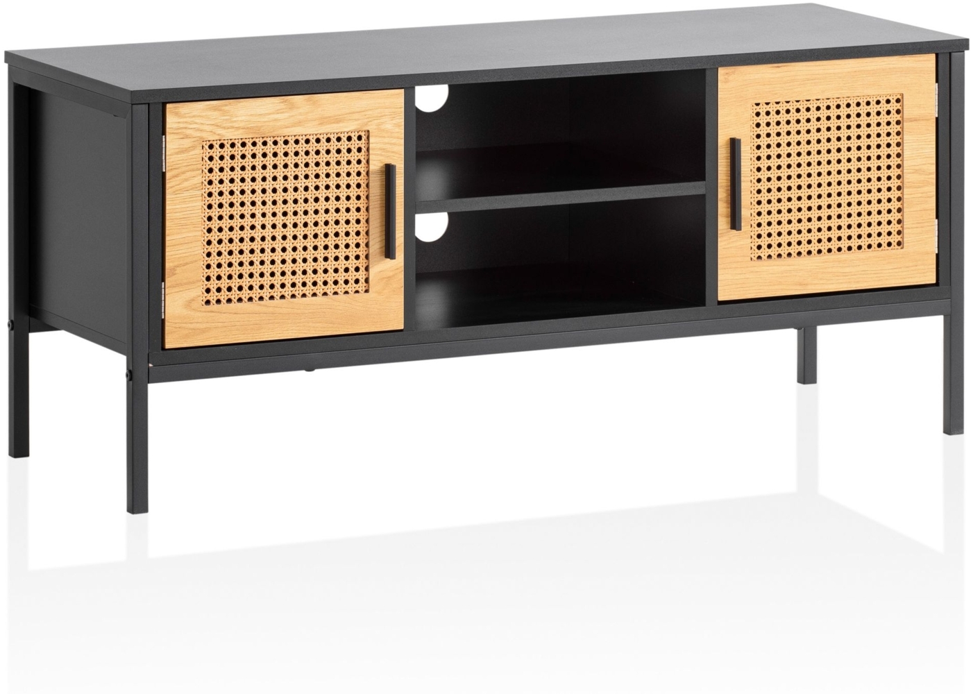 Lowboard Schwarz / Eiche mit Wiener Geflecht 110x48x40 cm TV-Kommode Zeitlos, Design TV-Schrank Hoch, Fernsehtisch Fernsehschrank mit Türen, Fernsehkommode Wohnzimmer Rattan Bild 1