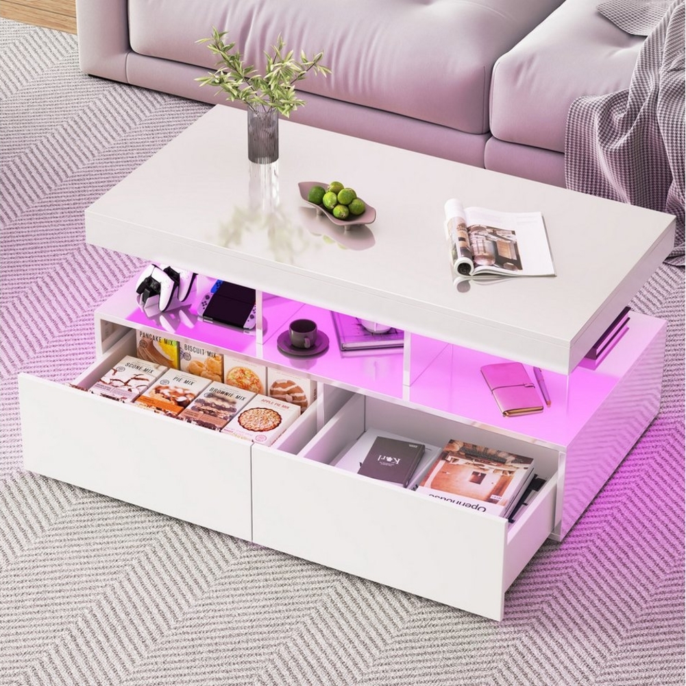 Furnishings Home Couchtisch Ablagetisch LED Beistelltisch Breite 104 cm (Hochglänzender quadratischer), Mit Schubladen und 16-farbigen variablen LED-Leuchten Bild 1