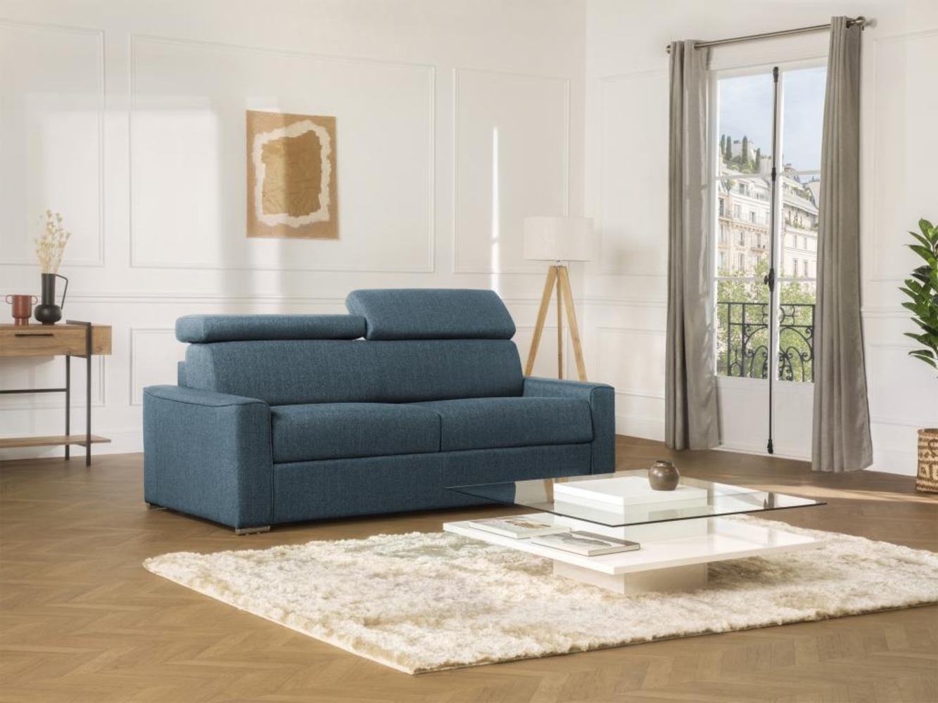 Vente-unique - Schlafsofa 3-Sitzer - Liegefläche mit Lattenrost: 140 cm & Matratze: 22 cm mit Memory Schaum - Stoff - Blau - VIZIR Bild 1