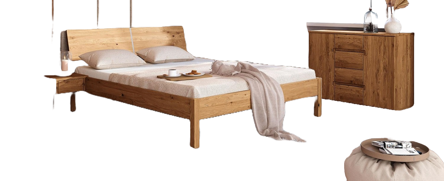 Bett Bento 9 aus Wildeiche massiv 100x200 cm mit Holzkopfteil und Holzbeinen Bild 1