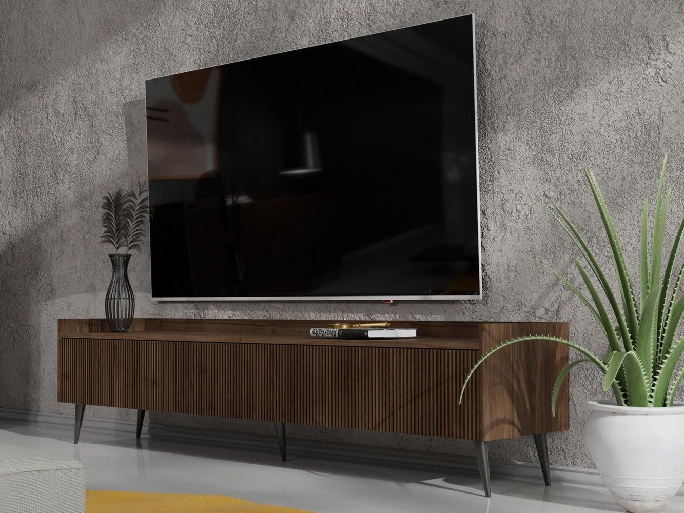 Compleo TV-Schrank dreitürig, Japandi design, Lamellenoptik MODE 180 cm breit Bild 1