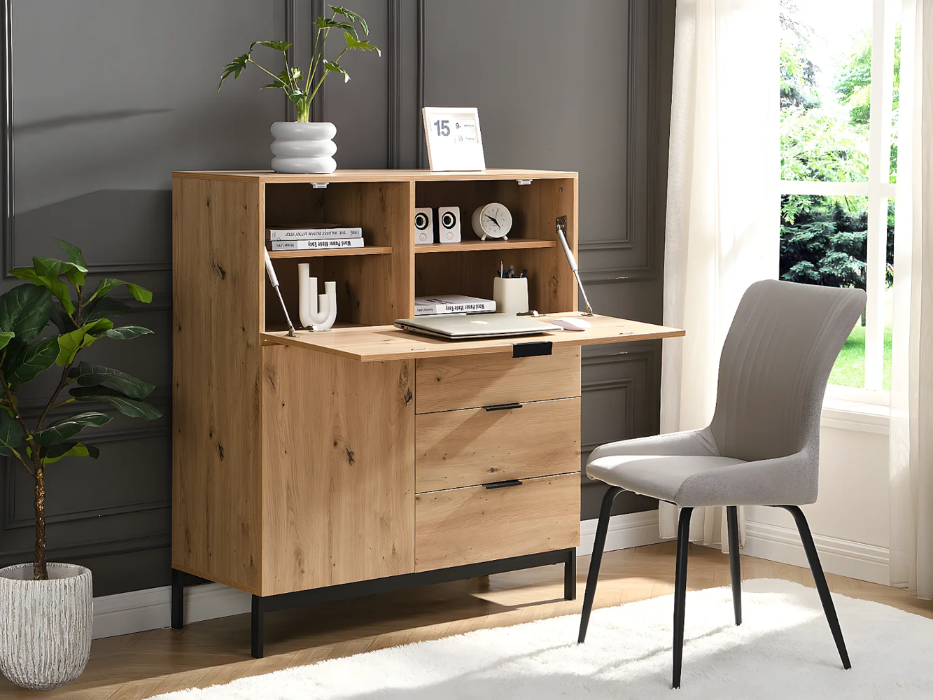 Vente-unique - Sekretär mit 2 Türen & 3 Schubladen - MDF & Metall - Naturfarben - ERWIN Bild 1