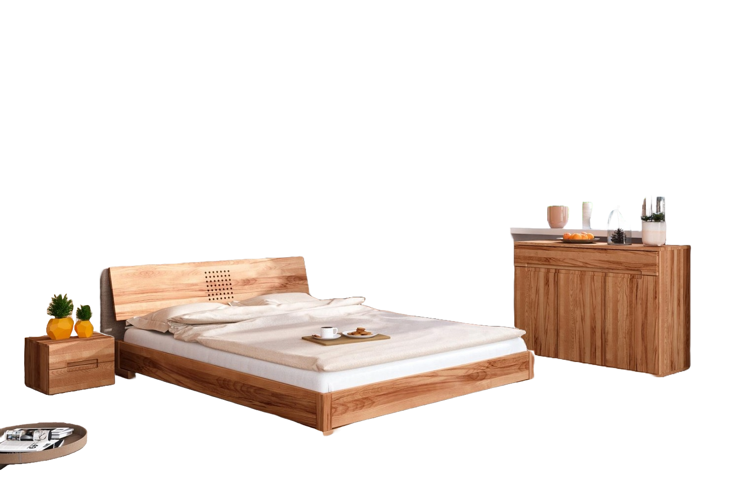 Bett Bento 15 Sonderlänge 80x220 Kernbuche massiv Holzkopfteil und Holzbeine Bild 1