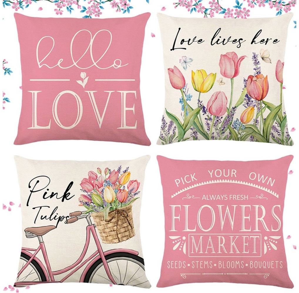 Jibenhome Kissenbezüge 45x45 Kissenbezug, 4er Kissenhülle Leinen Weiche Dekokissenbezug Sofa, Blume Pillow Cover Kissen Bezug, Zierkissenbezug Garten Wohnzimmer Bild 1