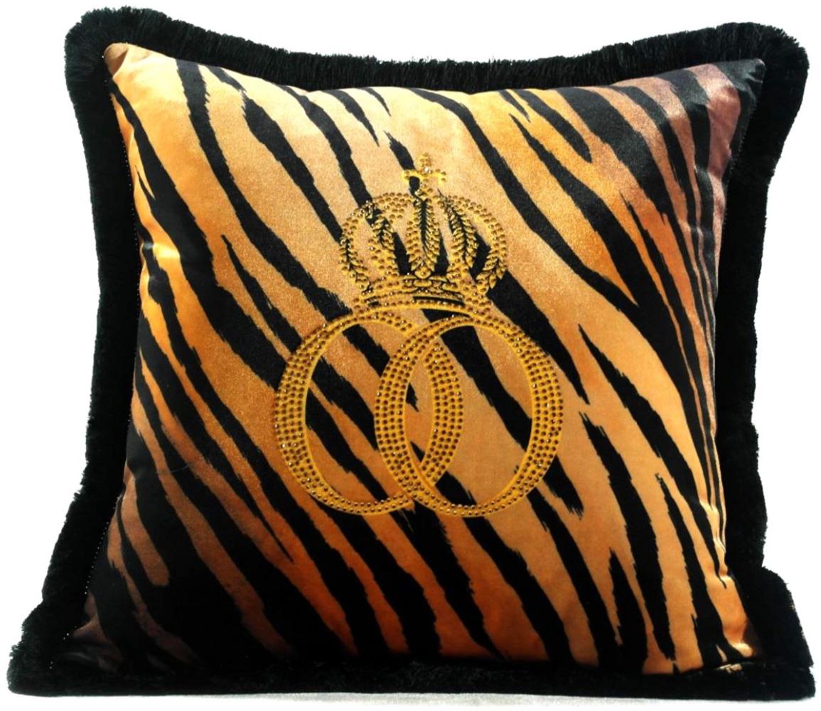 Harald Glööckler Luxus Deko Kissen Pompöös by Casa Padrino Krone Deluxe Tiger mit Strass Steinen Schwarz / Orange / Gold - Feinster Samtstoff - Glööckler Kissen Bild 1