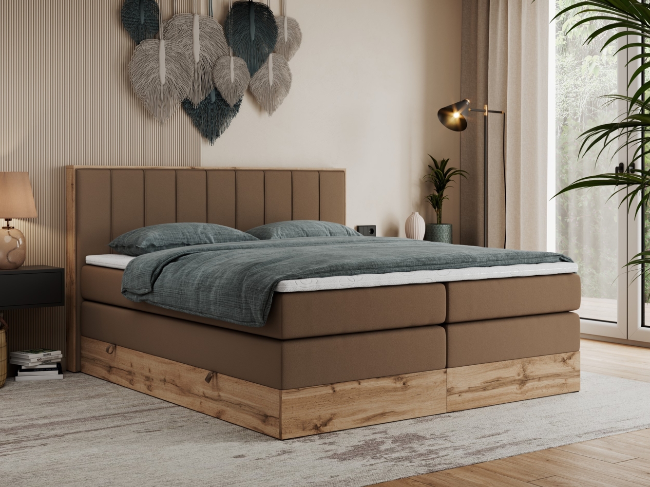 Boxspringbett BELLISSIMO KING, Doppelbett mit Multipocket-Matratze, Polsterbett mit Kopfstütze - 200x200 cm - Braun Kunstleder - H4 Bild 1