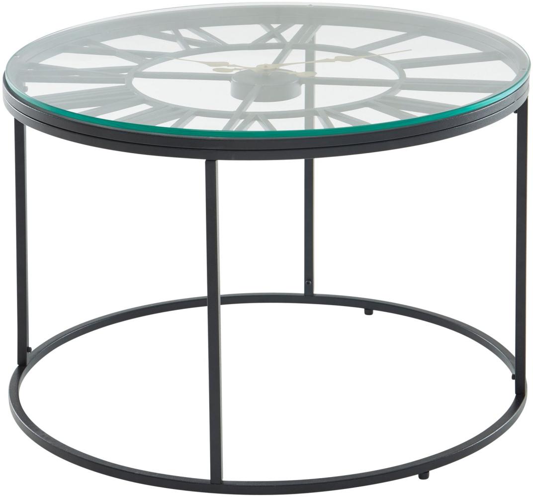 Couchtisch Glas Metall 60 x 60 x 43 cm Sofatisch mit Deko-Uhr | Design Wohnzimmertisch Rund | Kleiner Kaffeetisch Modern | Beistelltisch Anstelltisch Wohnzimmer gold Bild 1