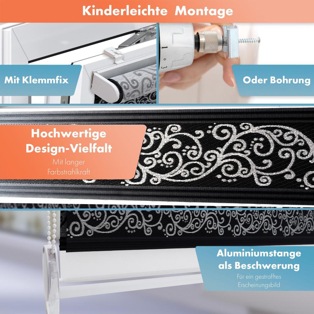 Bailena Doppelrollo Klemmfix ohne Bohren mit Muster Ranken Blumen Motiv 3in1 Klemmrollo Schwarz Silber 75x150 cm Bild 1