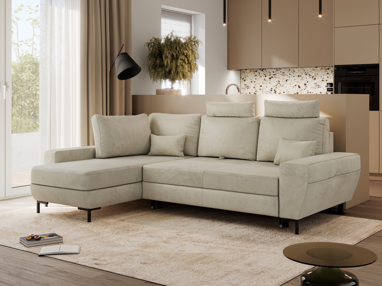 Ecksofa mit Schlaffunktion und Bettkasten für das Wohnzimmer, auf schwarzen Metallbeinen, mit losen Kissen - FLAVIA - Beige Velours - linke Seite Bild 1